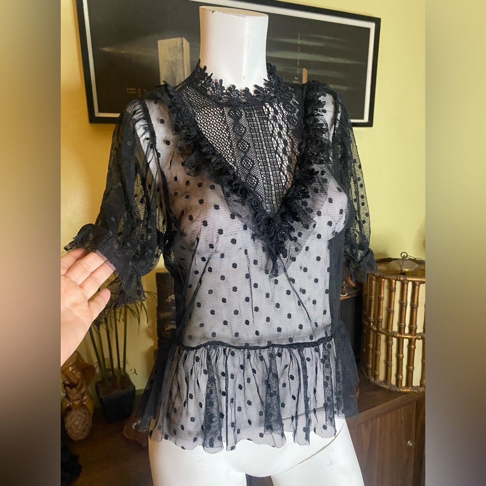 Ladies Blashe gothic lace ruffle polka dot vamp blouse Victorian sheer top - Picture 6 of 7